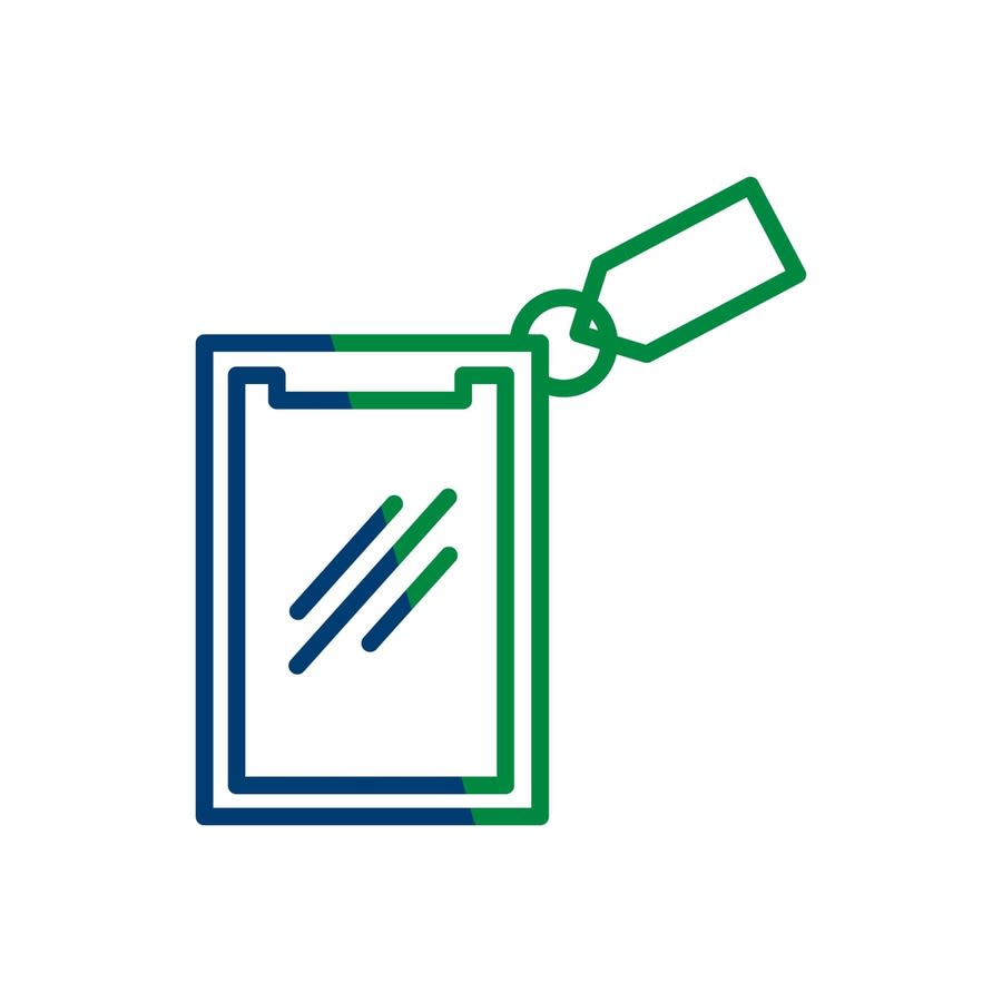 a green and blue line drawing of a clipboard with a tag