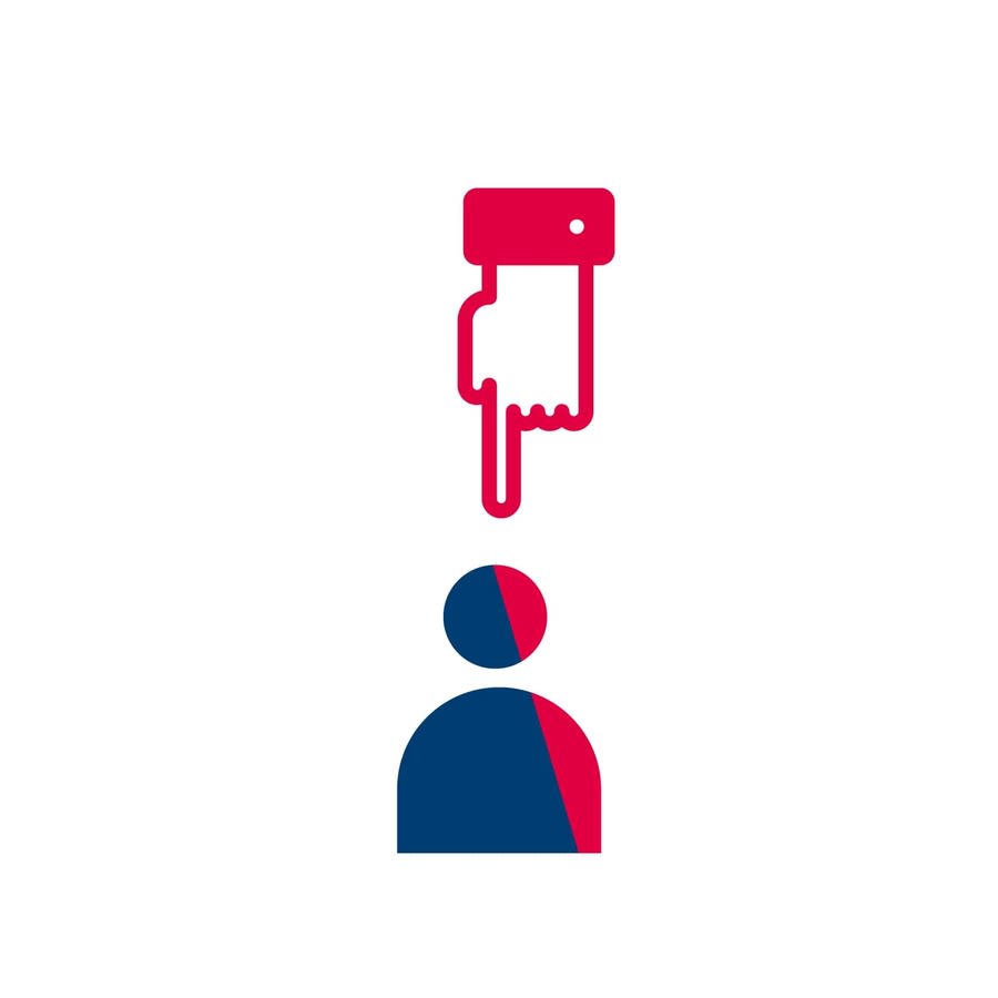 A hand pointing at a faceless, emoticon style person's head