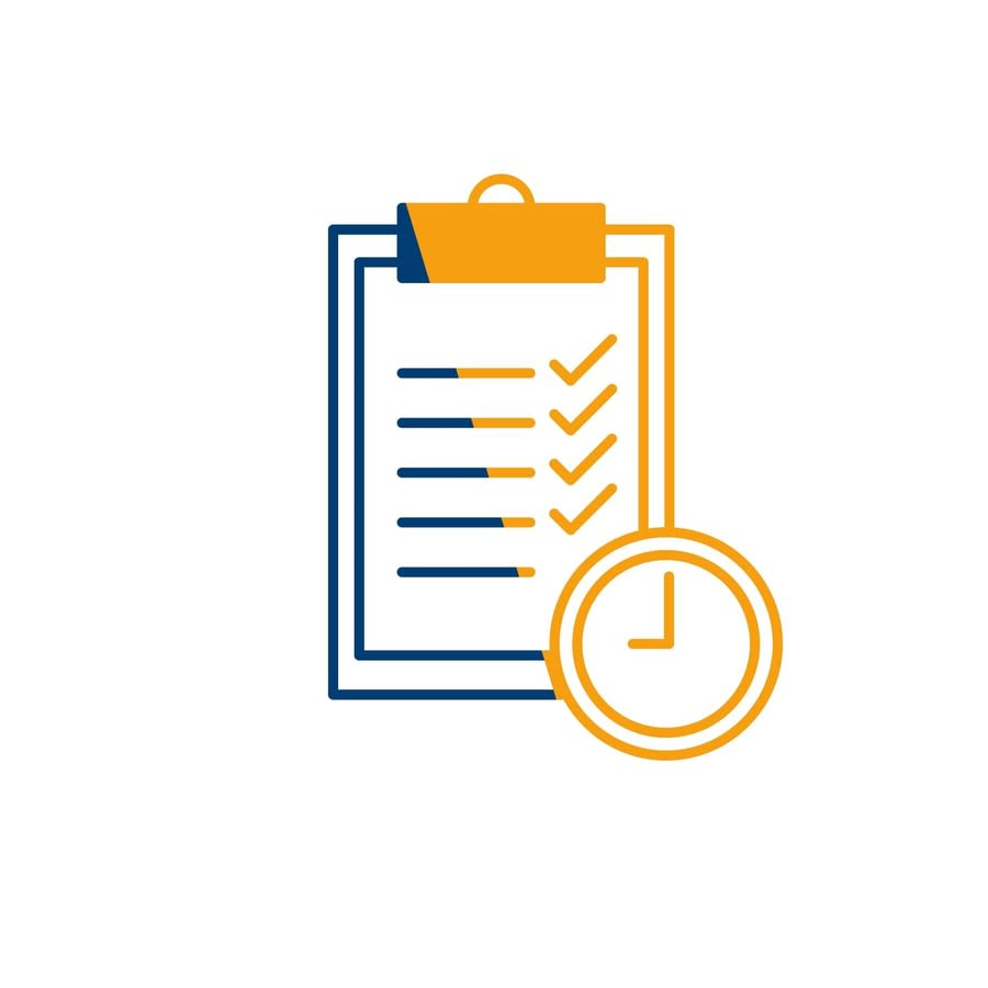 a clipboard with check marks and a clock