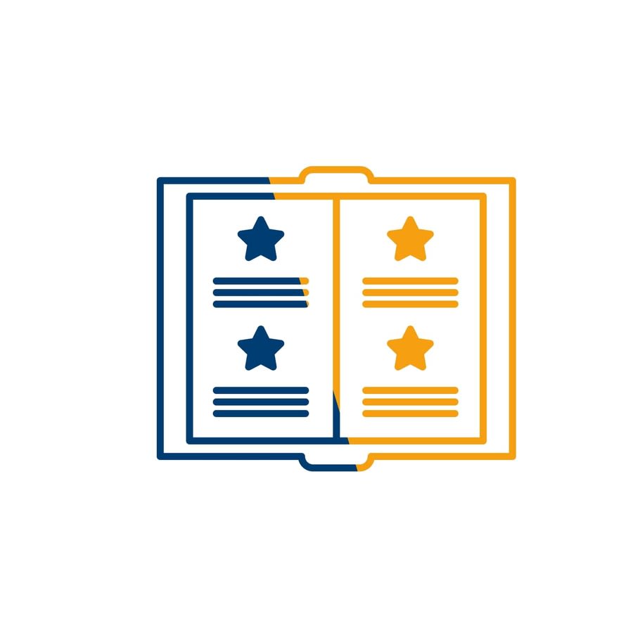 a blue and yellow line drawing of a book with stars