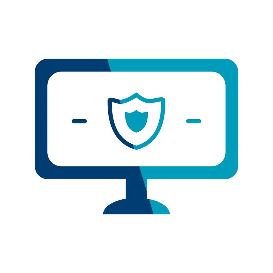 a blue and white computer screen with a shield on the screen