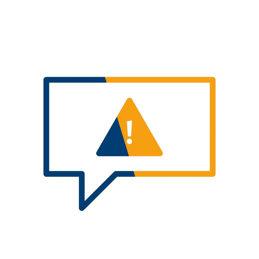 a blue and yellow chat bubble with a triangle and exclamation mark