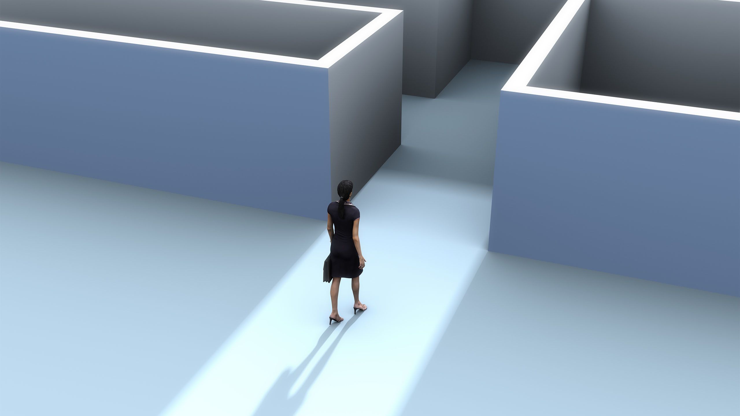 A woman walking into a digitally rendered maze