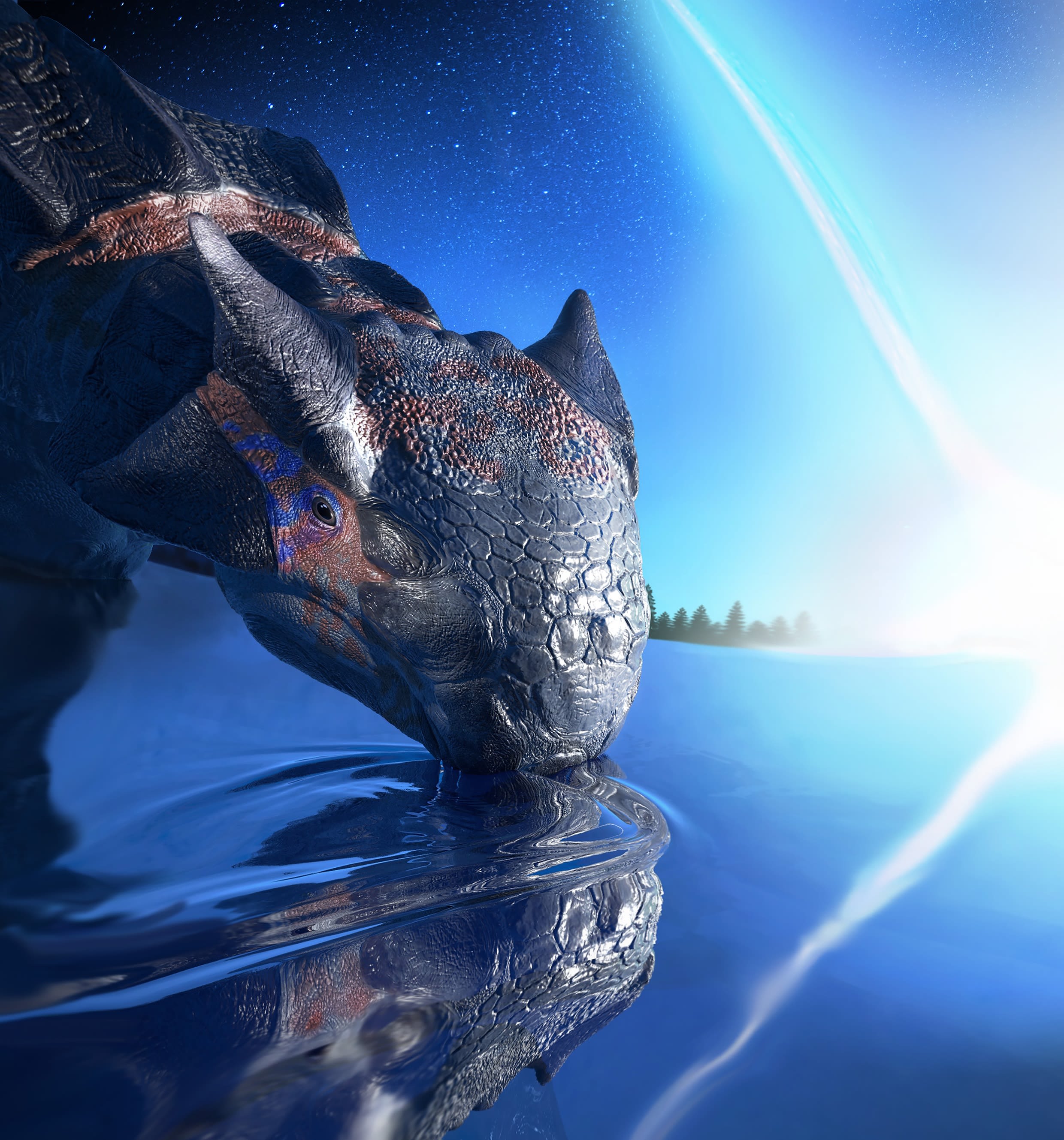 Ankylosaurus magniventris drinking as the asteroid strikes