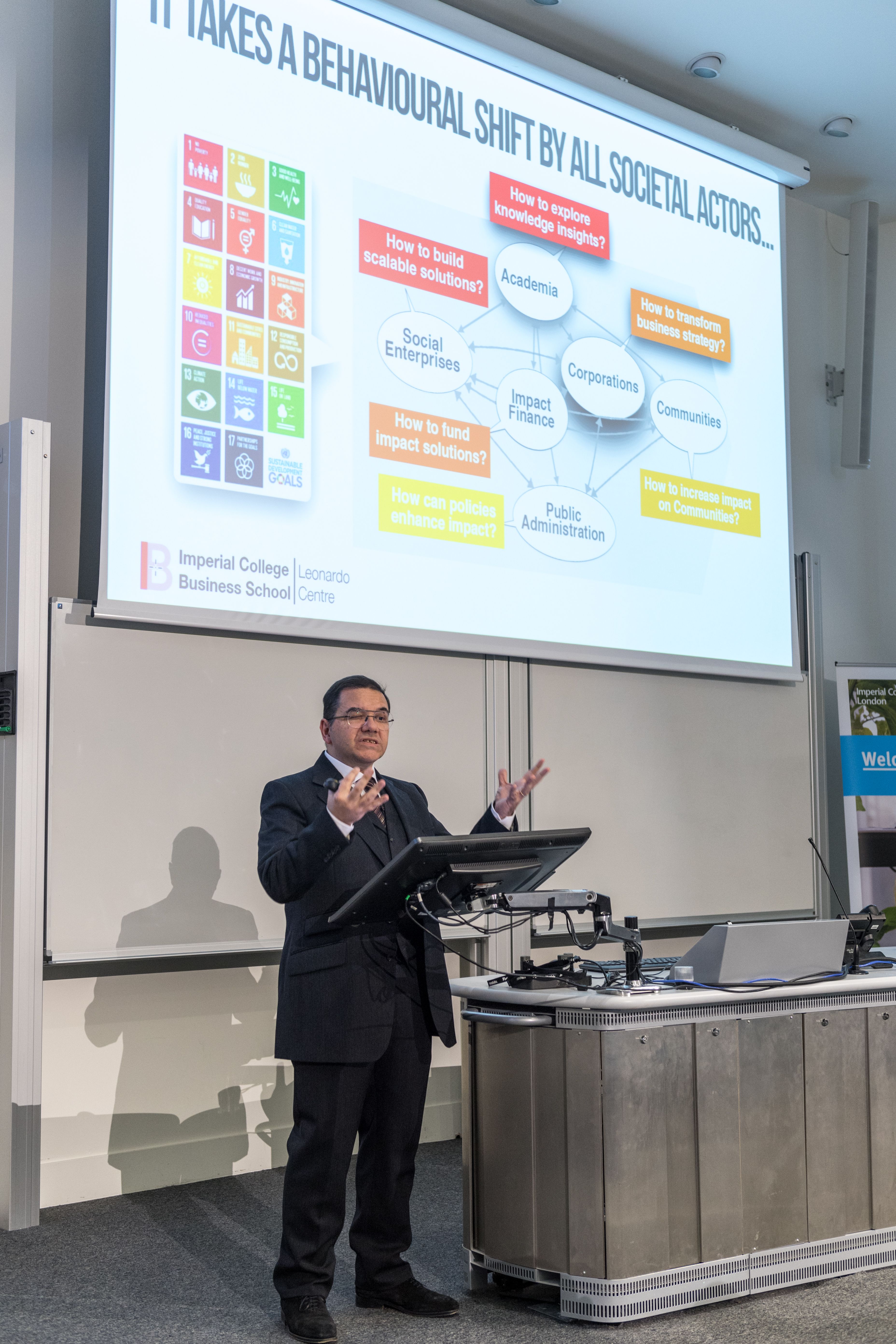Picture of Professor Maurizio Zollo, Scientific Director of the Leonardo Centre delivering his inaugural  Imperial lecture - "How can business evolve from cause to remedy of social maladies?"