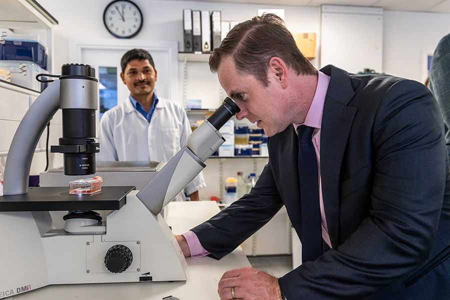 Dr Michael Baker looks down a microscope