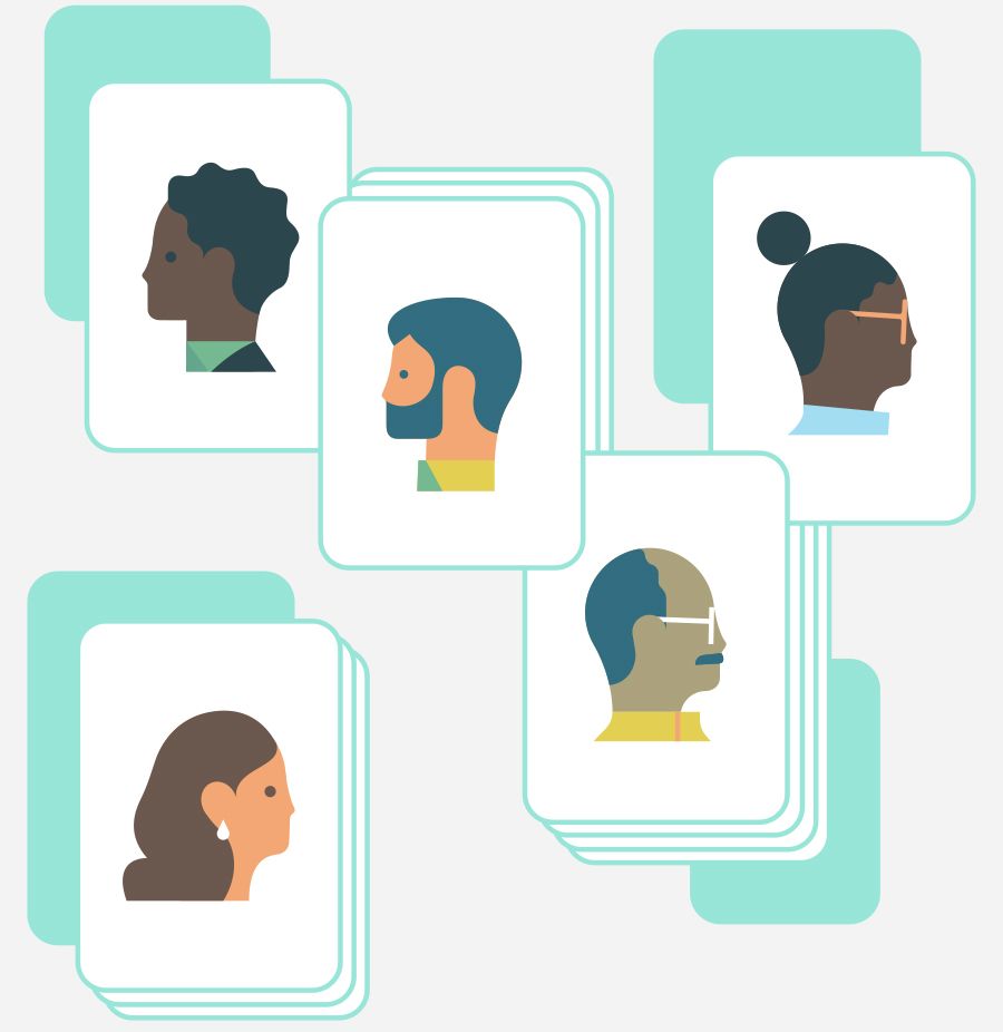 Illustration showing decks of cards with faces of experts on them.