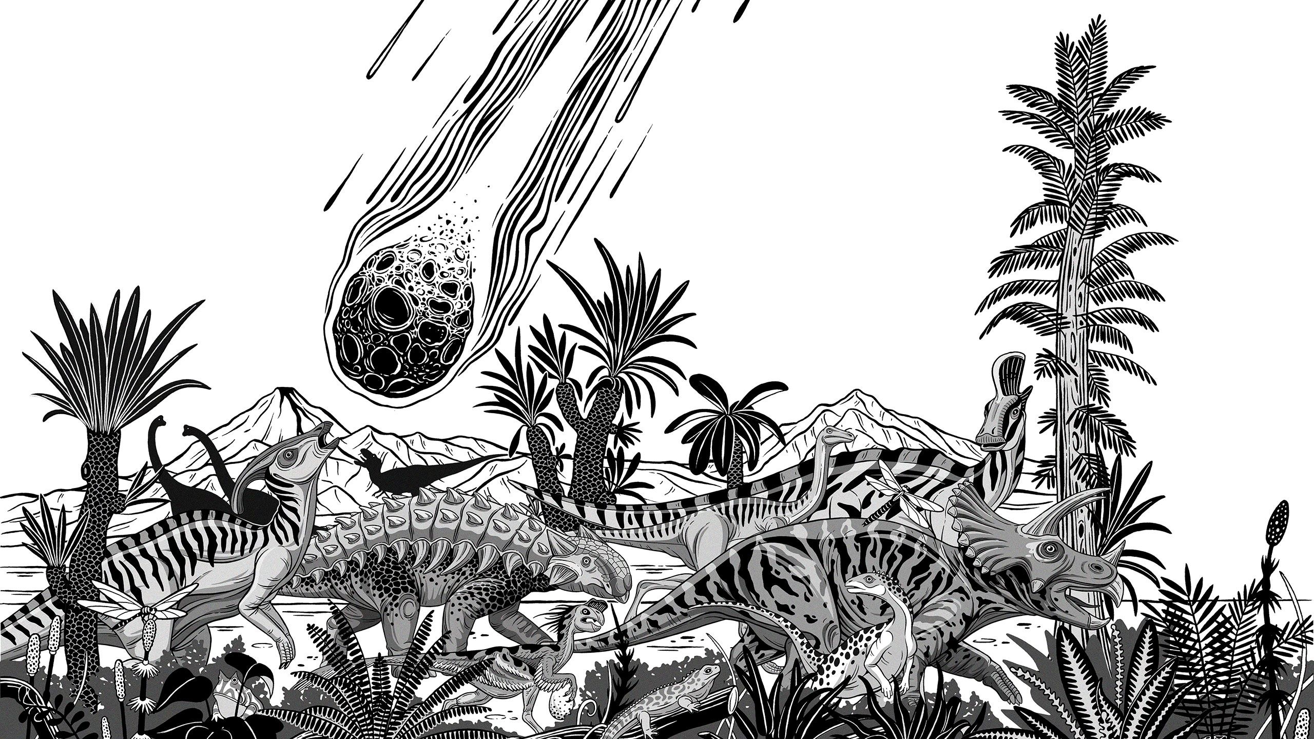An illustration of a meteor approaching Earth, with a procession of dinosaurs and pre-historic plants and trees in the foreground