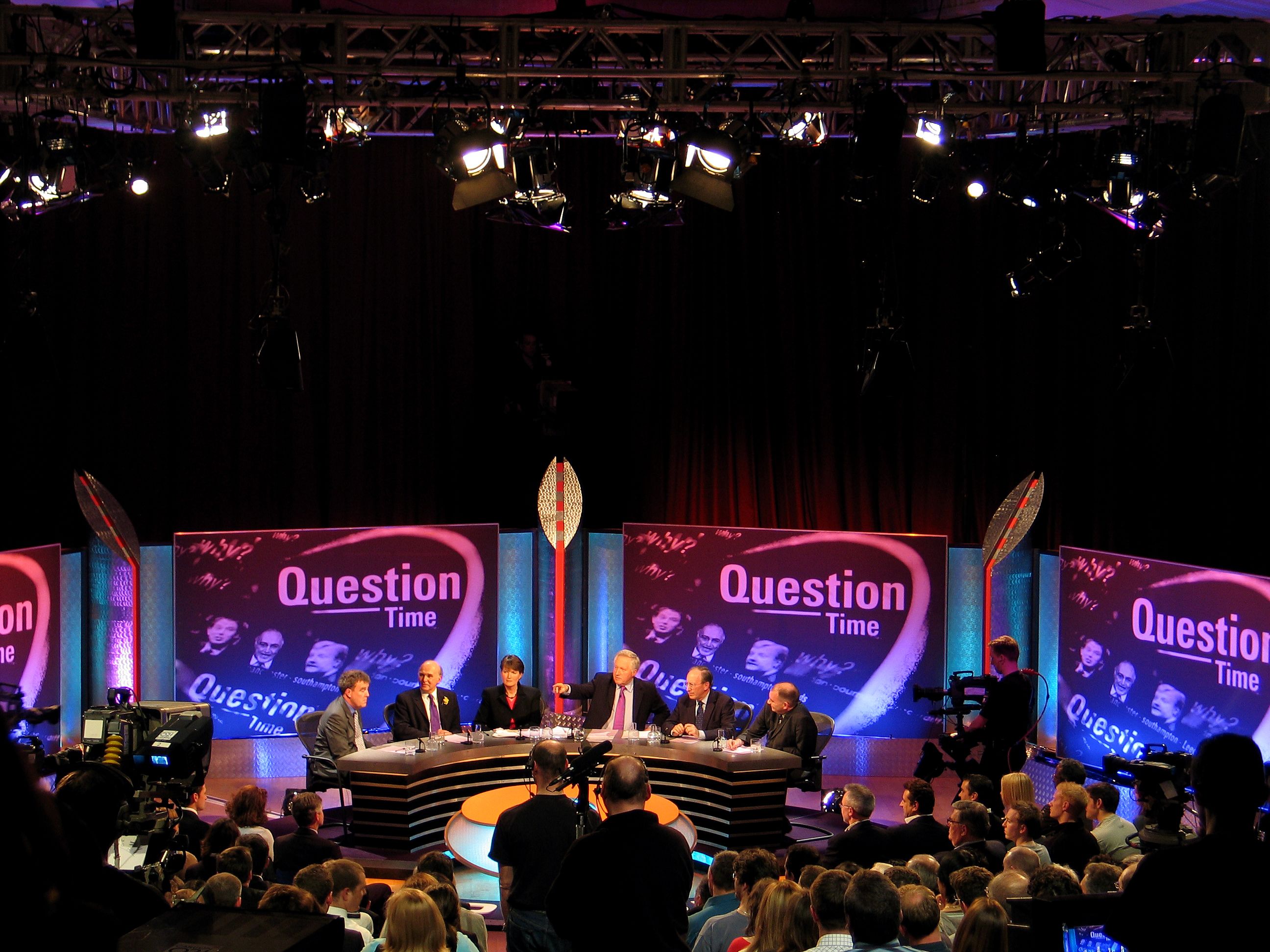 A photograph of the BBC Question Time edition filmed at the Great Hall