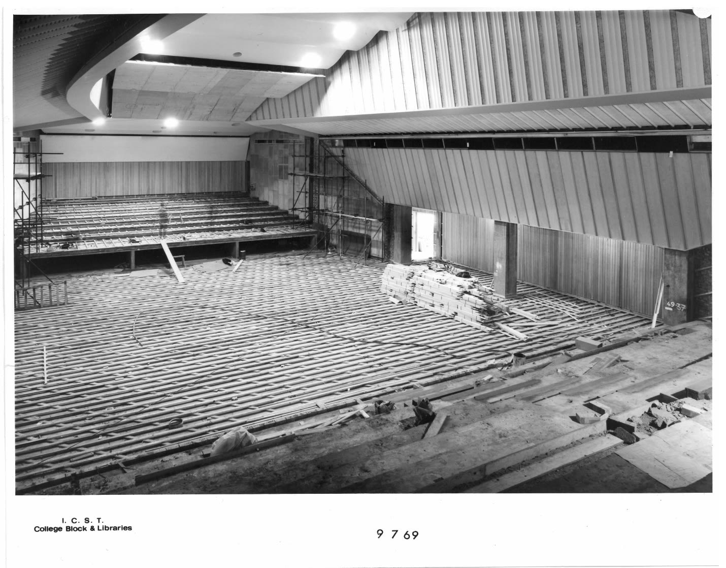 An archive black and white photograph showing the Great Hall during construction in the 1960s.