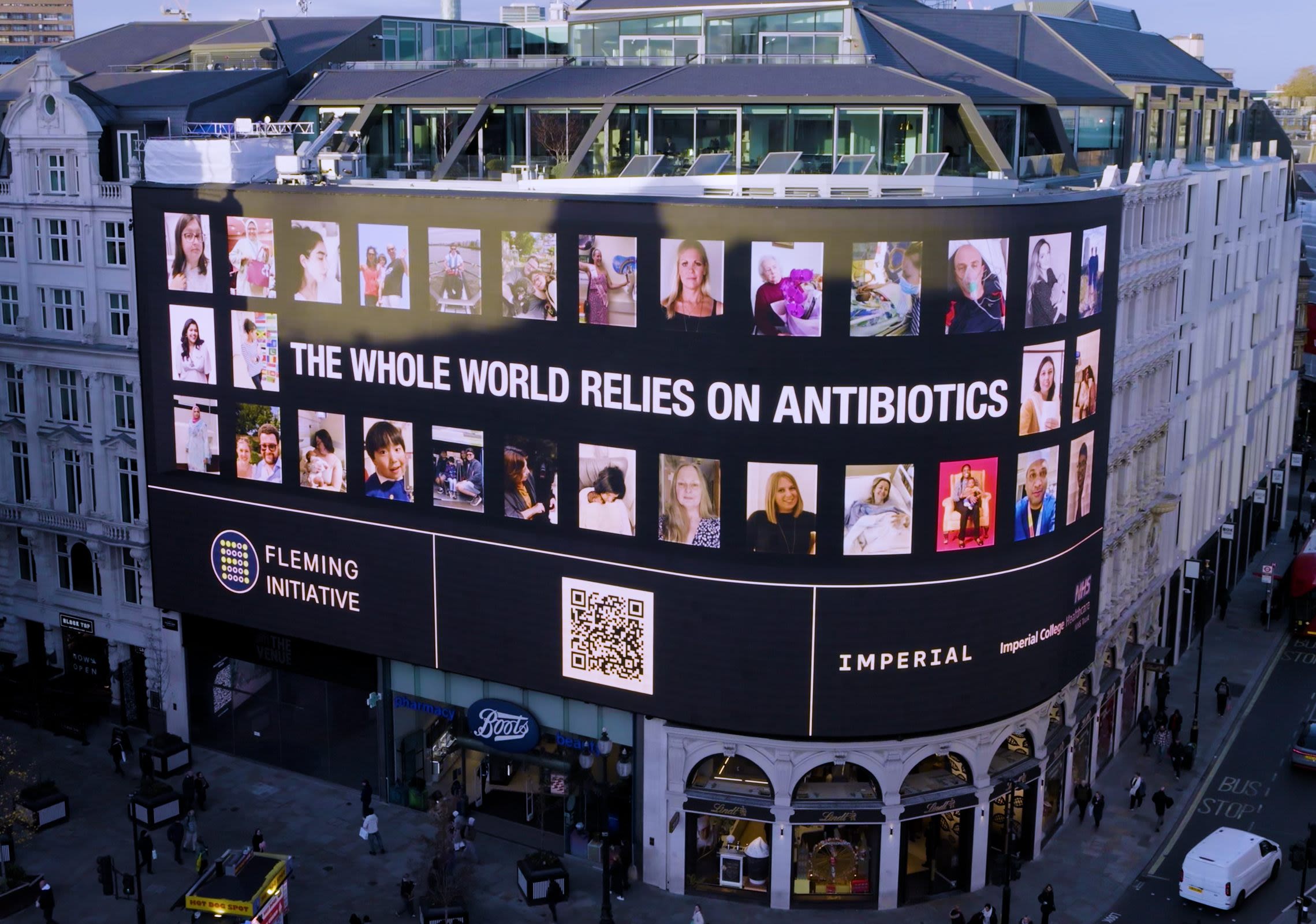 Billboard in Piccadilly Circus with a message about the importance of antibiotics 