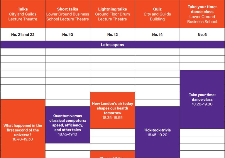 Imperial Lates: About Time timed events schedule