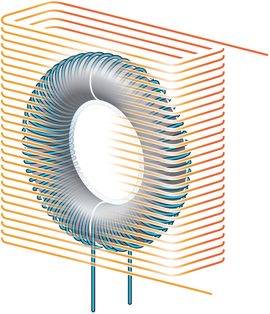 A grey doughnut shape wrapped in a coil of blue, both overlain with a rectangular wrap of orange/red lines