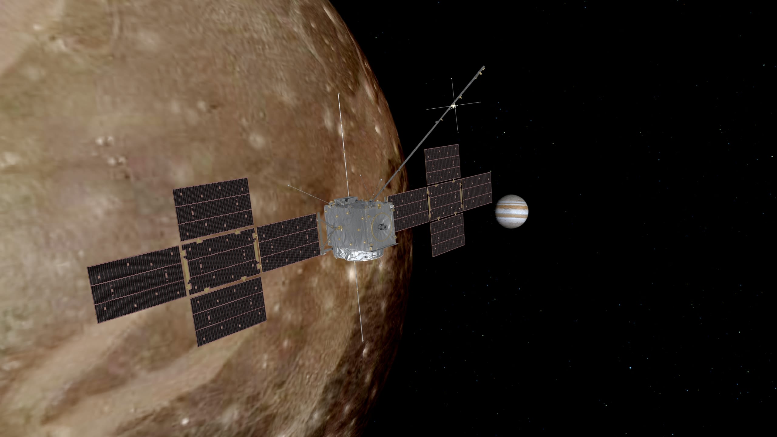 Illustration of the spacecraft looking over Ganymede with Jupiter in the background