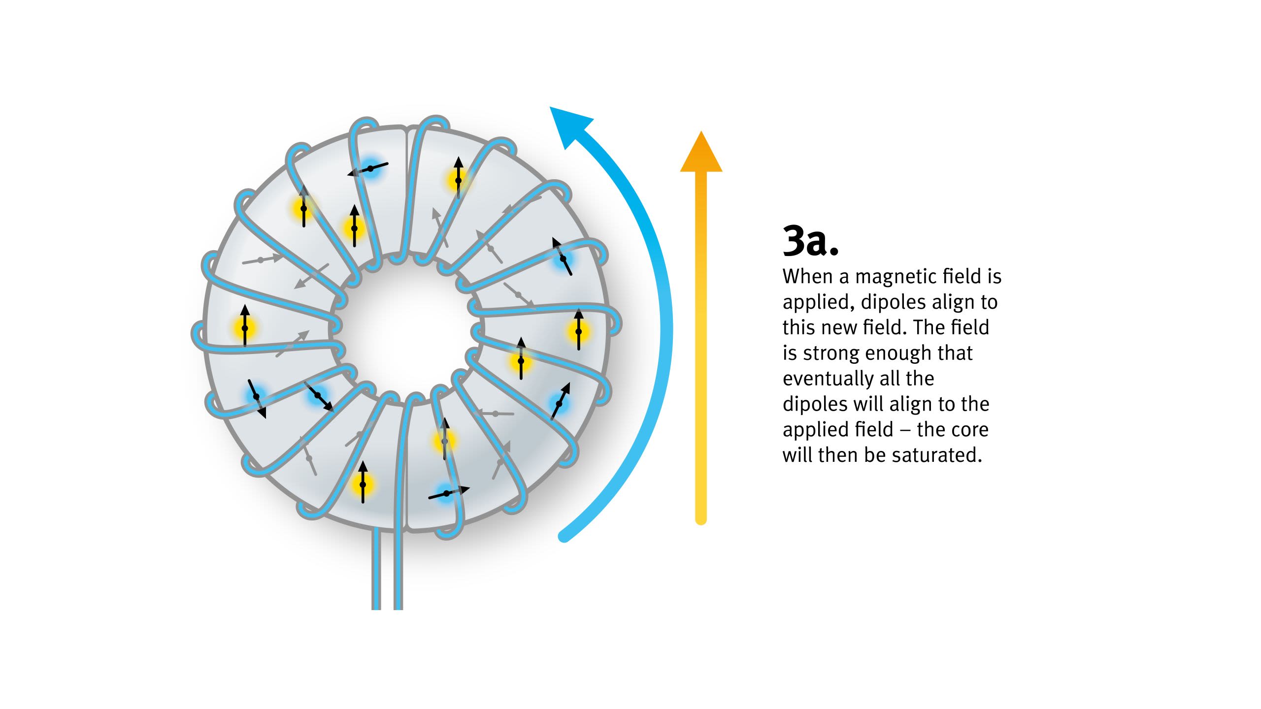 The same doughnut as above. Now, as well as a yellow arrow beside it, there is a blue arrow curving around the outside of the doughnut. Arrows within the doughnut are both yellow and pointing up, and blue and following the curve. Caption reads: 3a. When a magnetic field is applied, dipoles align to this new field. The field is strong enough that eventually all the dipoles will align to the applied field - the core will then be saturated.