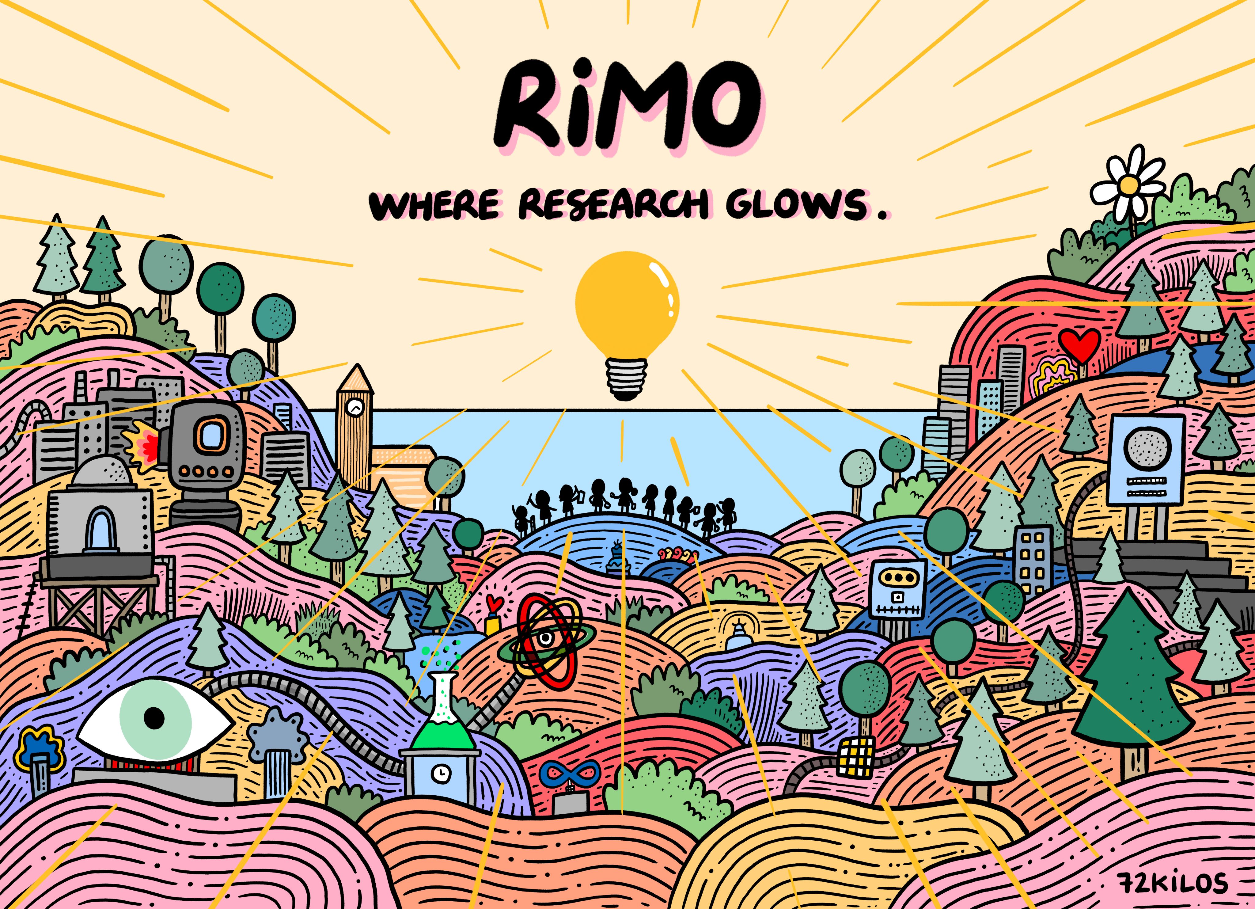 digital illustration of hills, trees, buildings, and miscellaneous other shapes with a lightbulg as the sunset with words "RIMO where research glows"