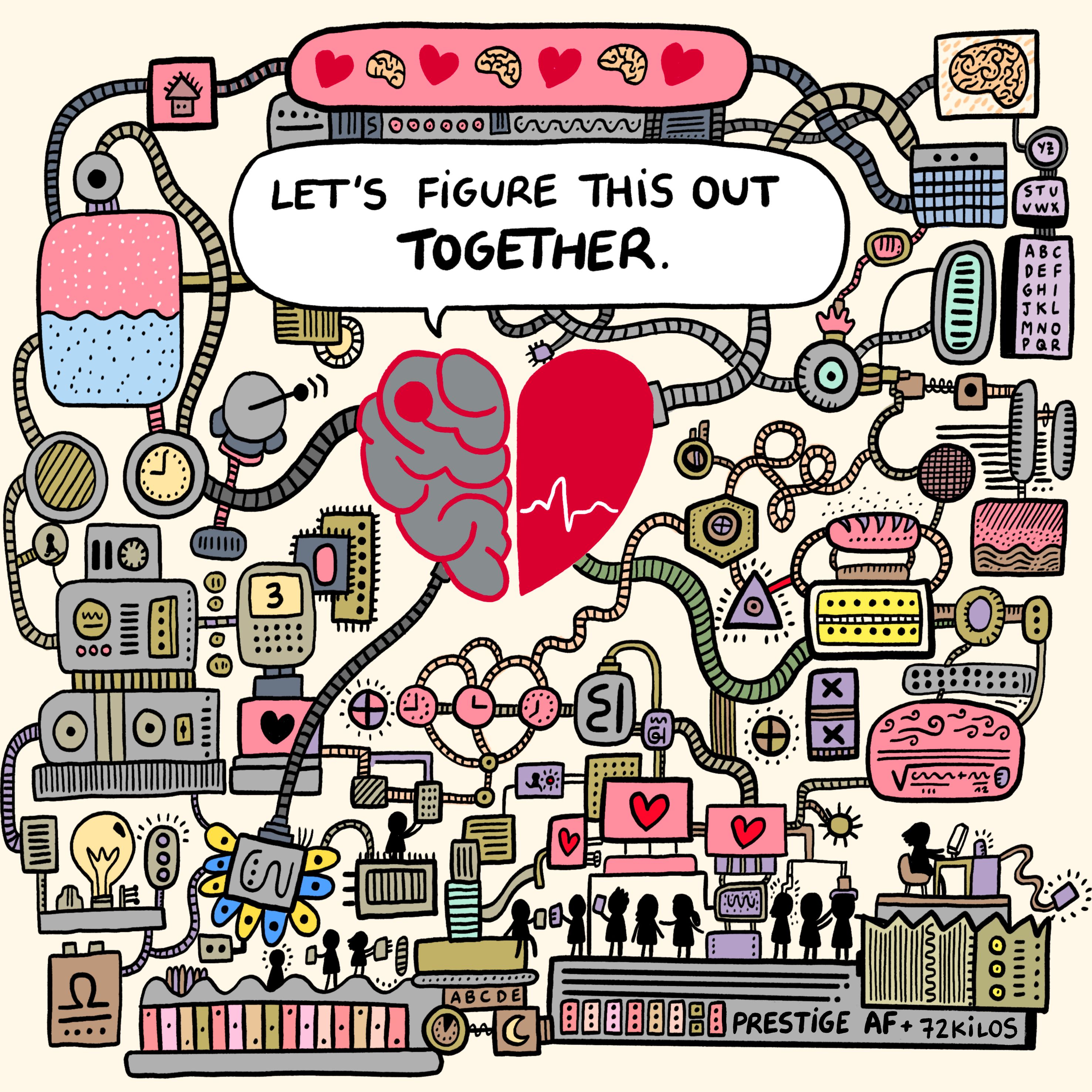 digital illustration of a heart surrounded by connecting pipes to various symbols of machines, toools, robots, and medical apparati