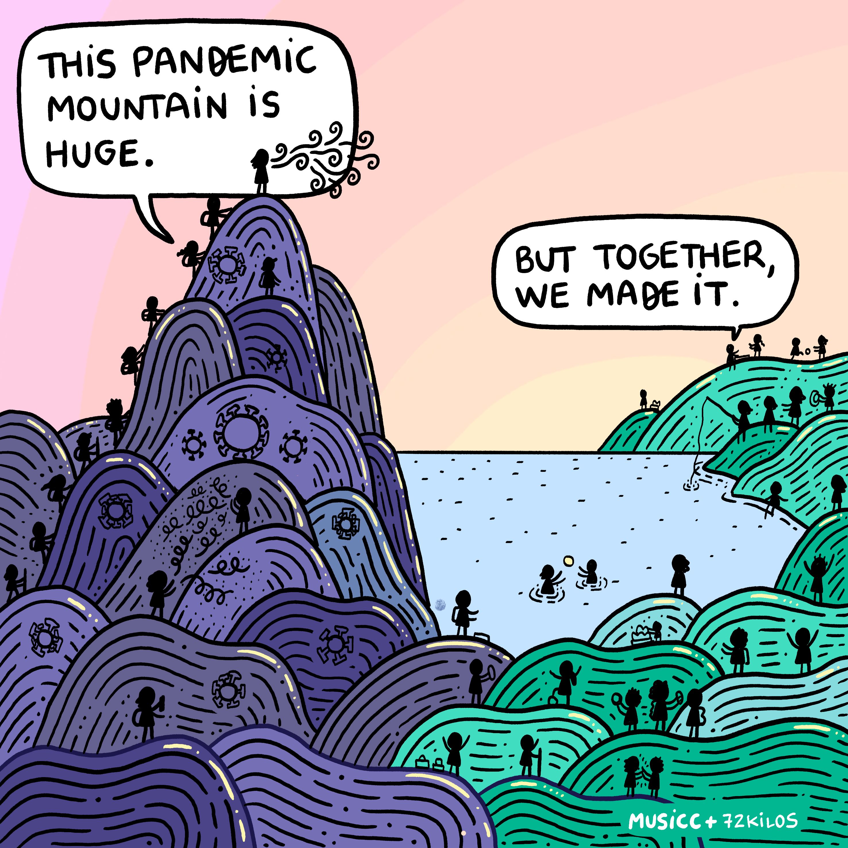 digital illustration of a mountain to the left of people climbing it with text, "this pandemic mountain is huge". A smaller set of hills on the right with people doing playful activities with text, "but together, we made it"
