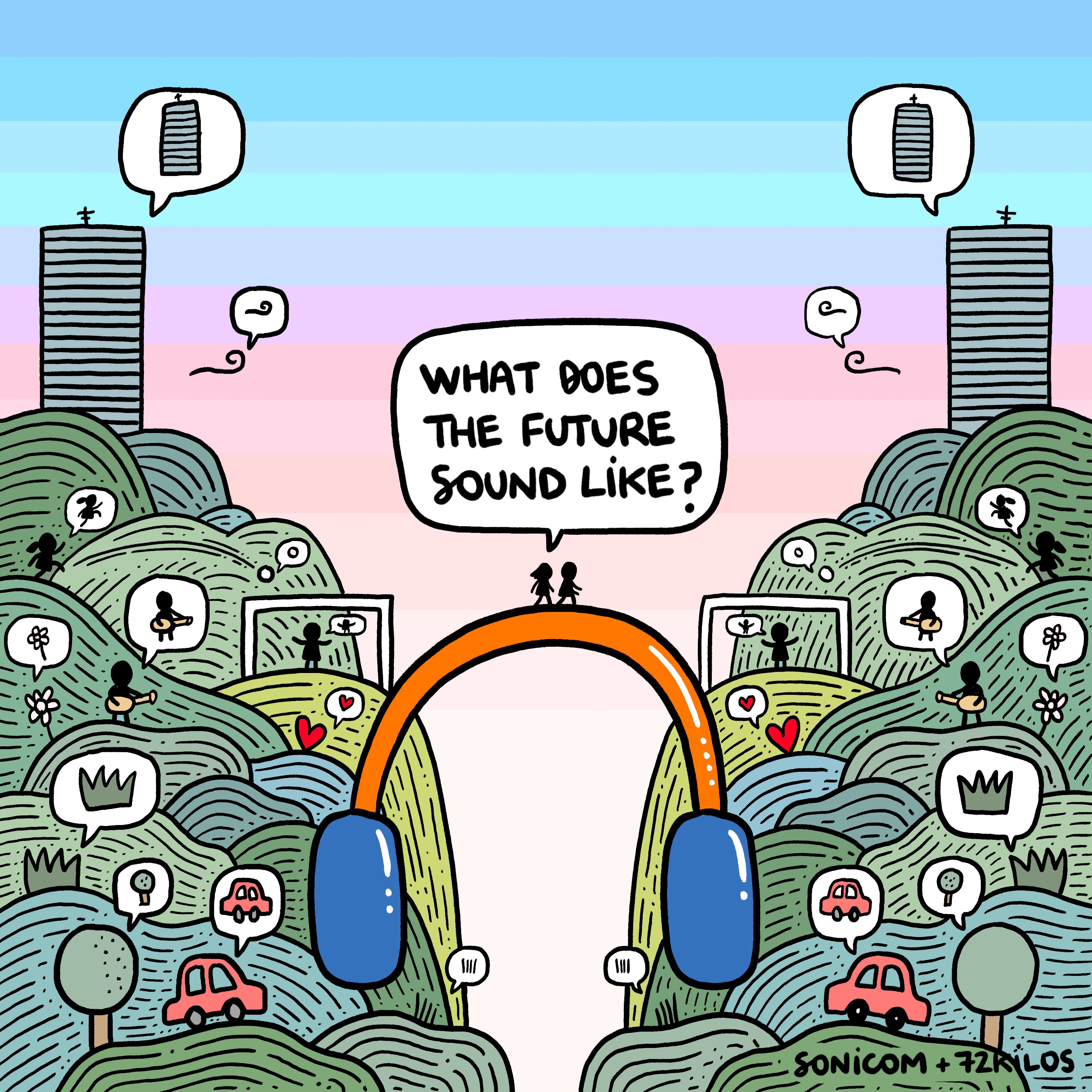 Digital illustration of a foregrounded set of headphones with symmetrical hills. People are on top of the hills diong various activities like playing a guitar. Text overlayed with "What does the future sound like?"