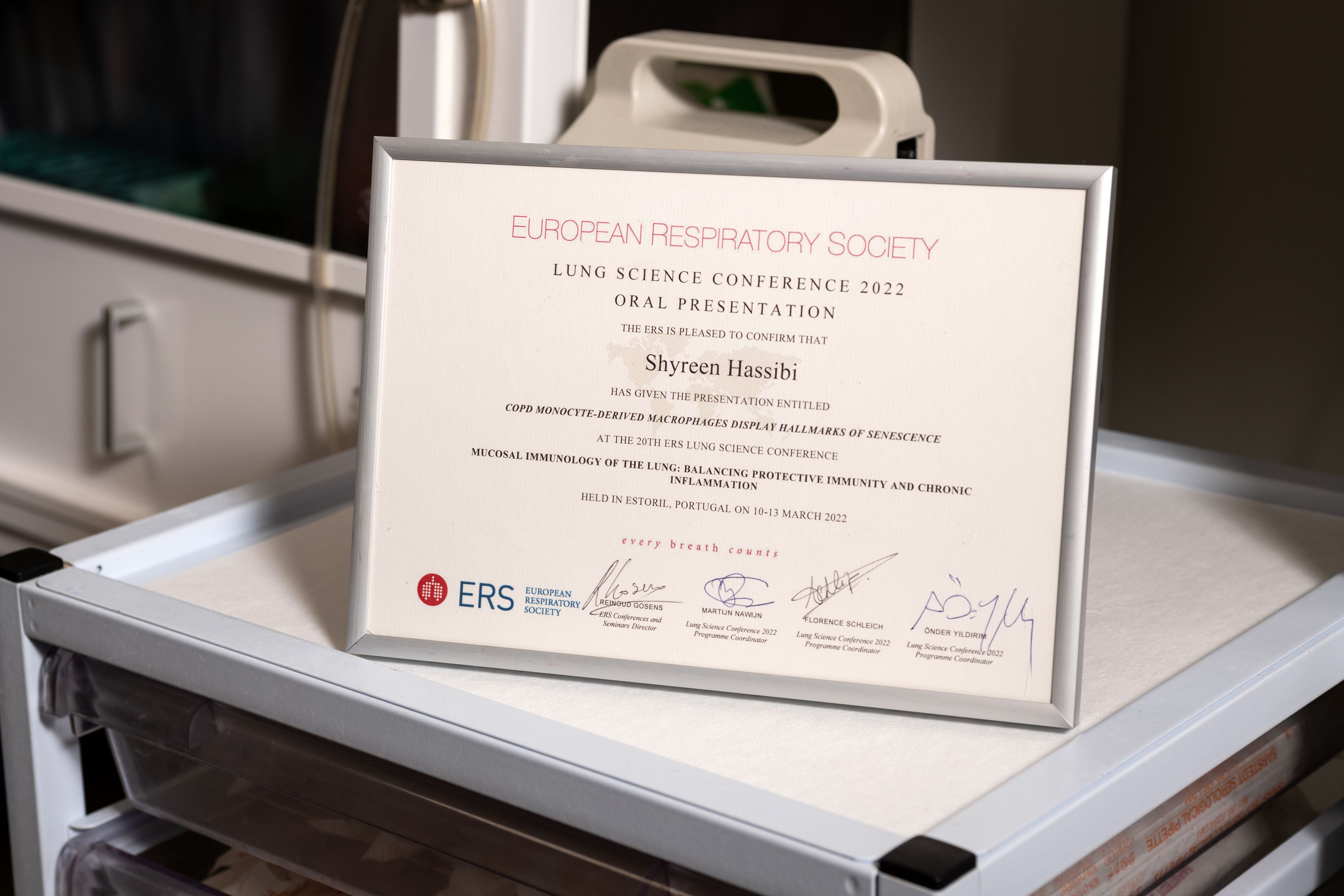 Framed certificate from respiratory conference