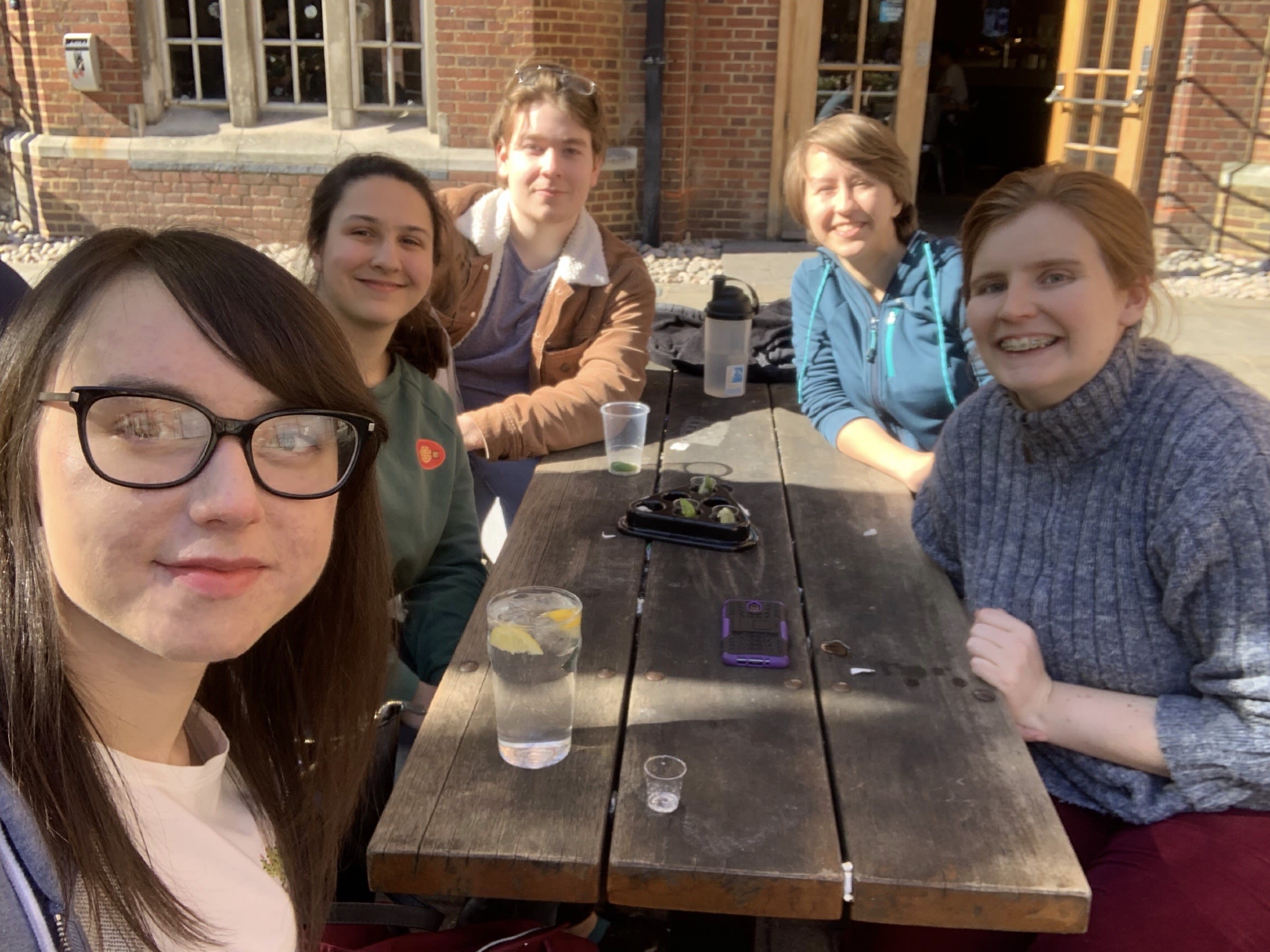 Emilia and friends outside the student bar, FiveSixEight.
