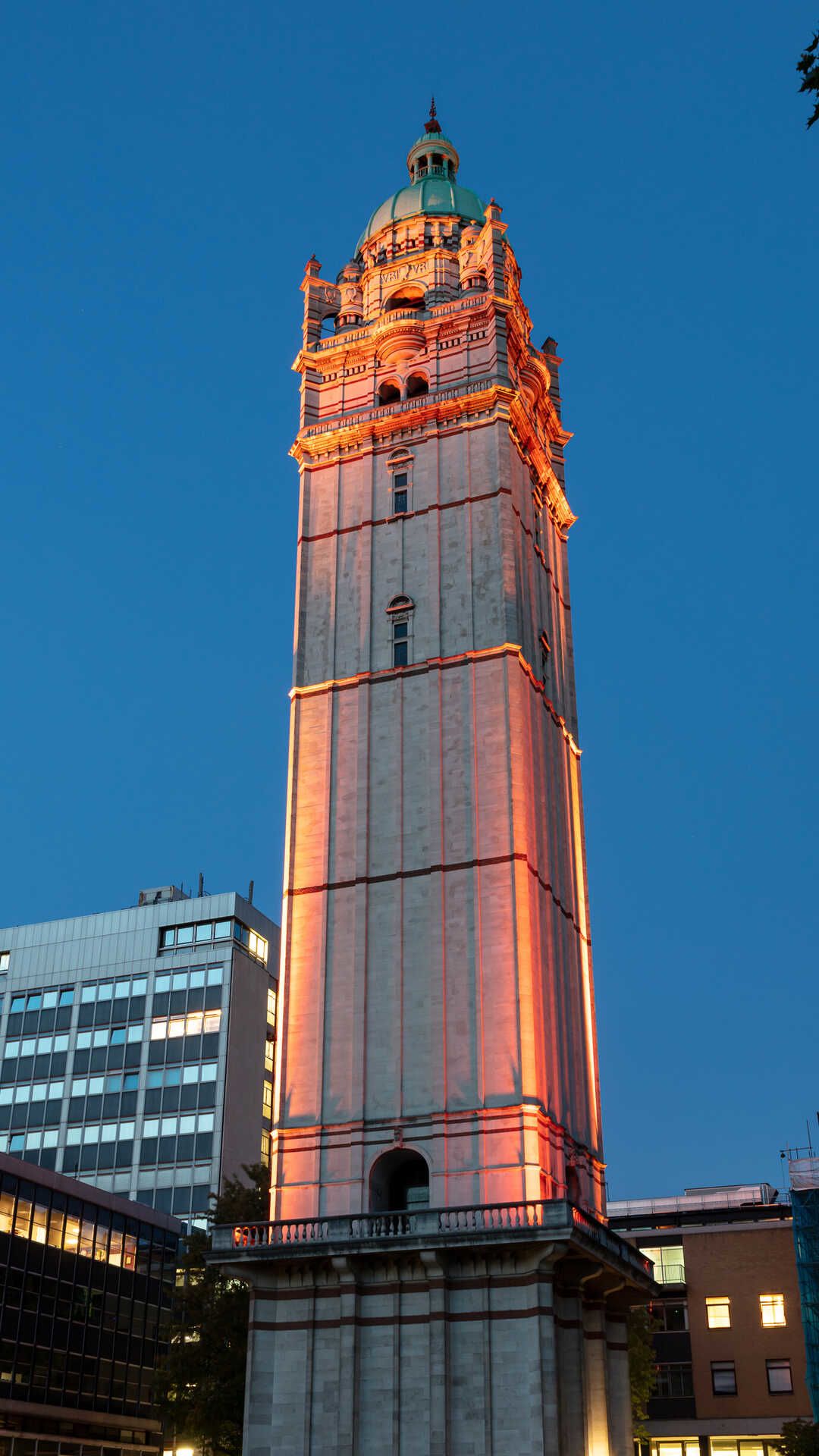 The Queens Tower lit up