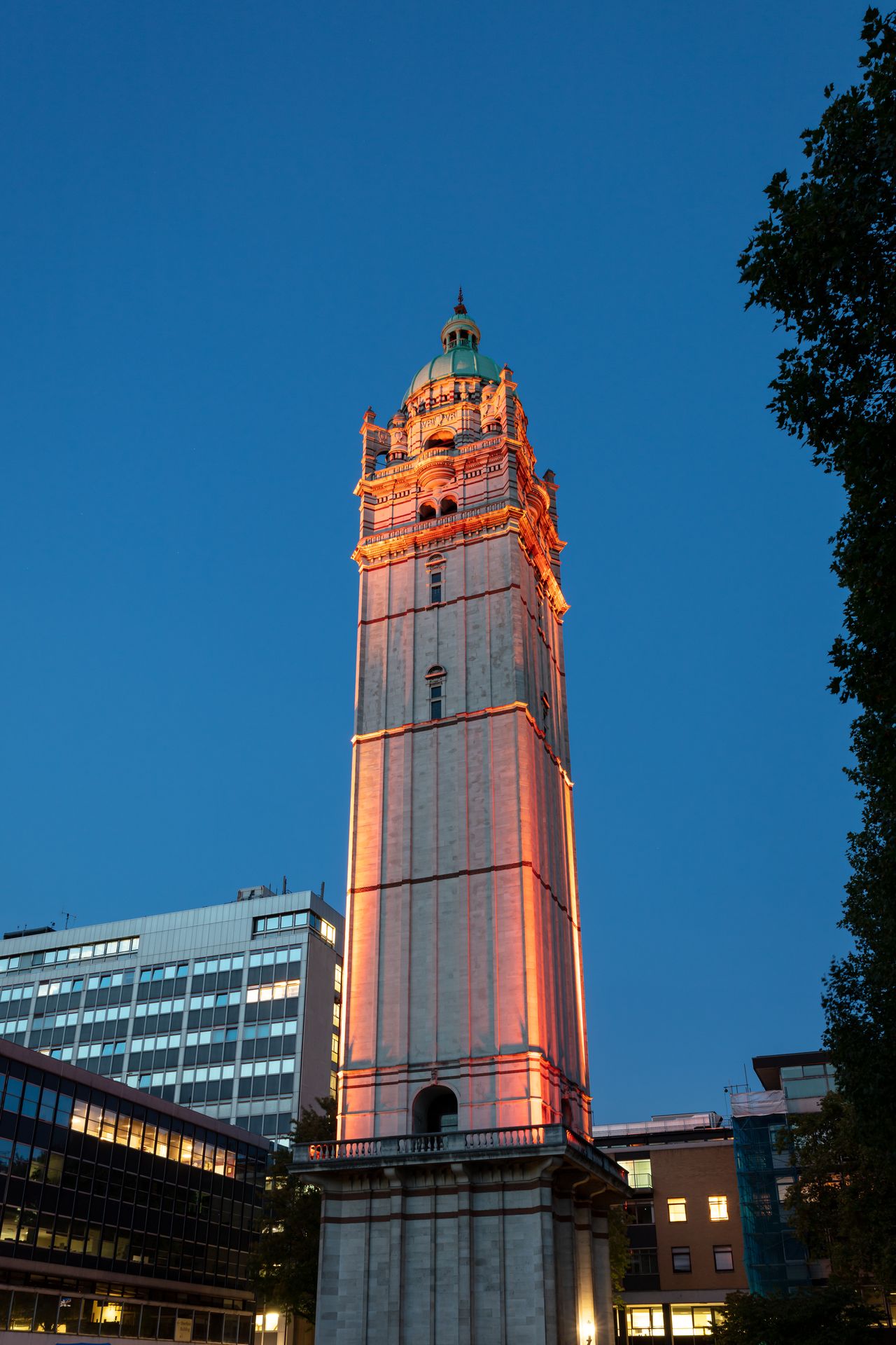 An illuminated tower at night
