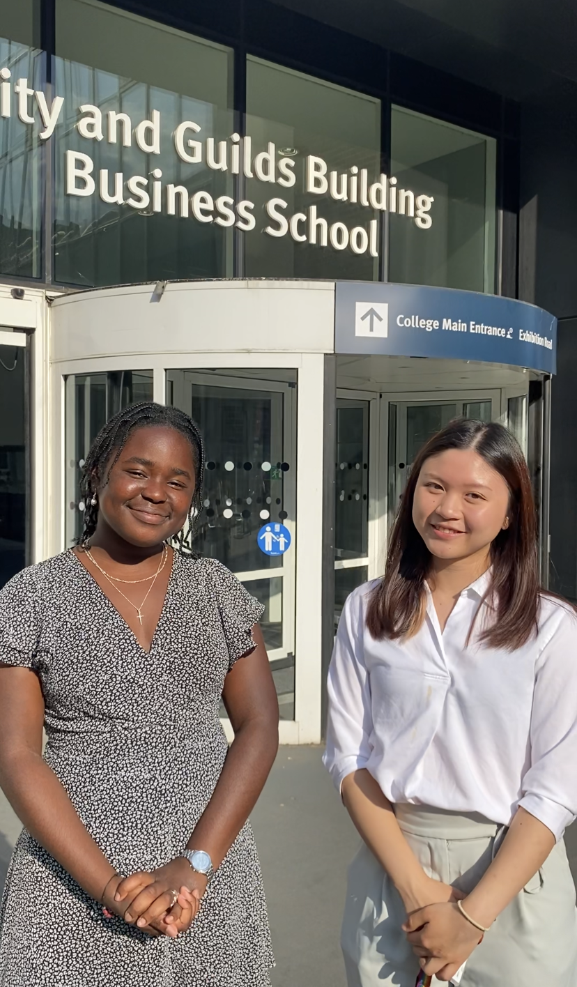 Amina and her friend outside the City and Guilds Building