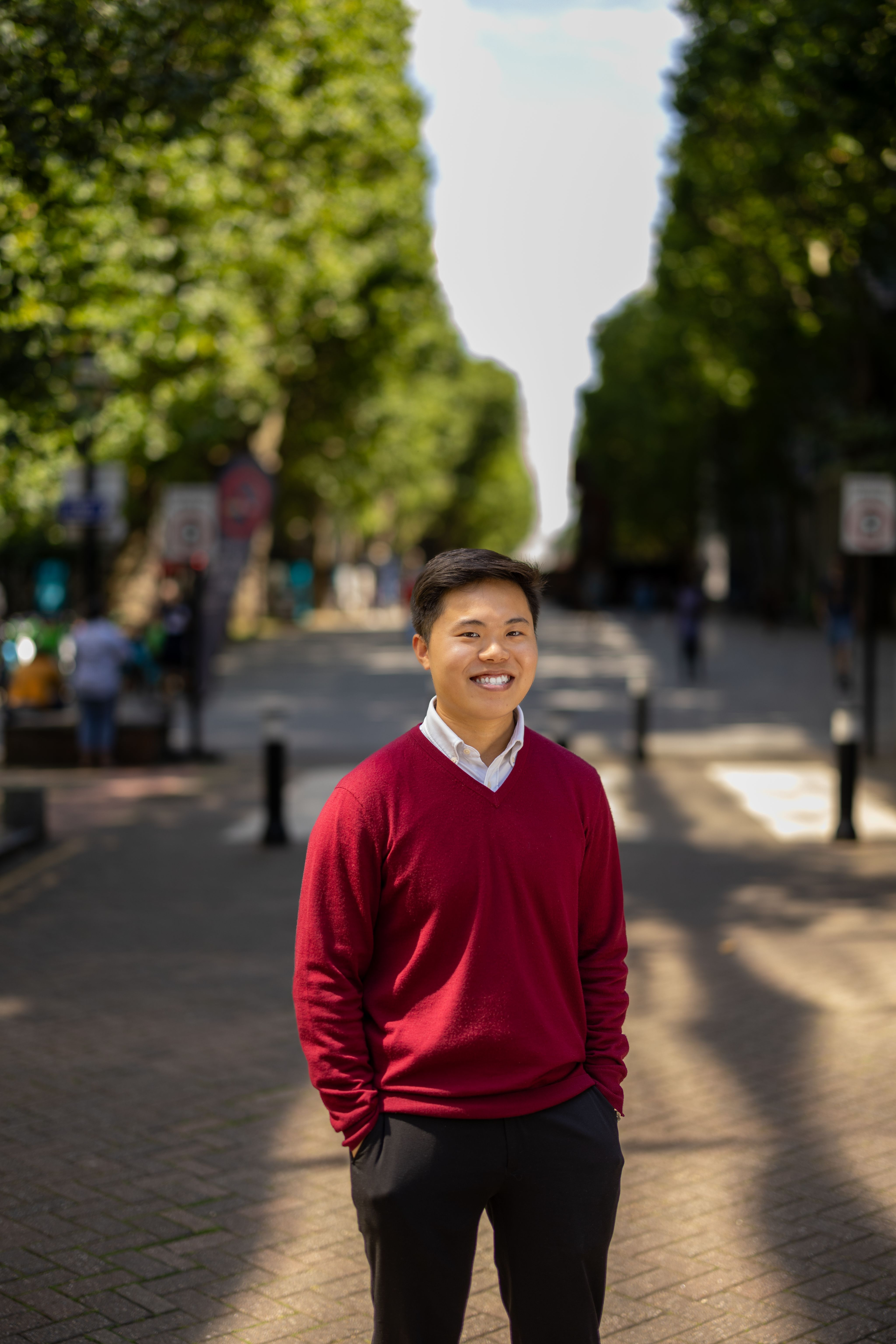 Han Ming standing outdoors on Imperial College Road on South Kensington Campus
