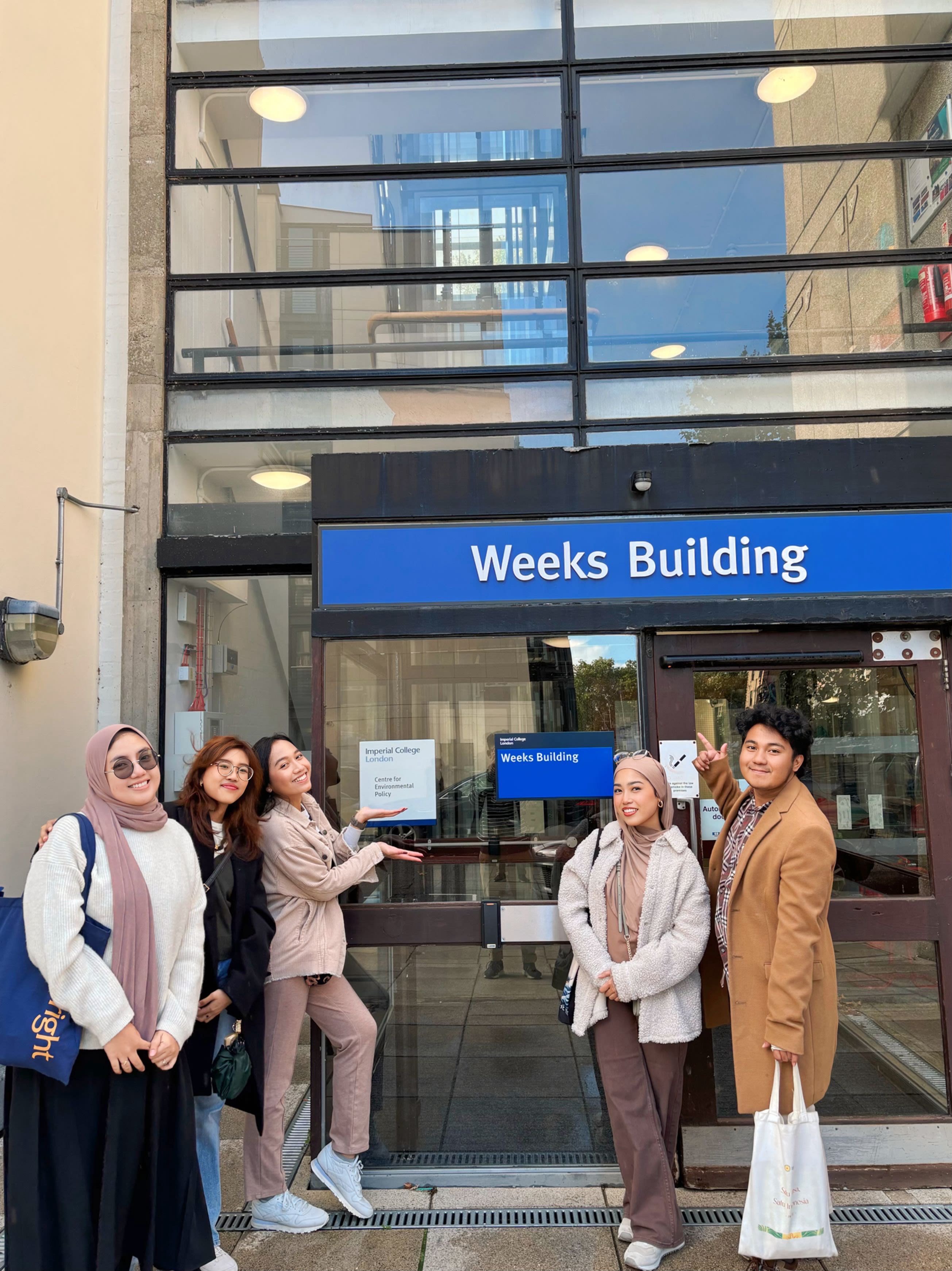 Nava with friends outside the Weeks Building on South Kensington Campus