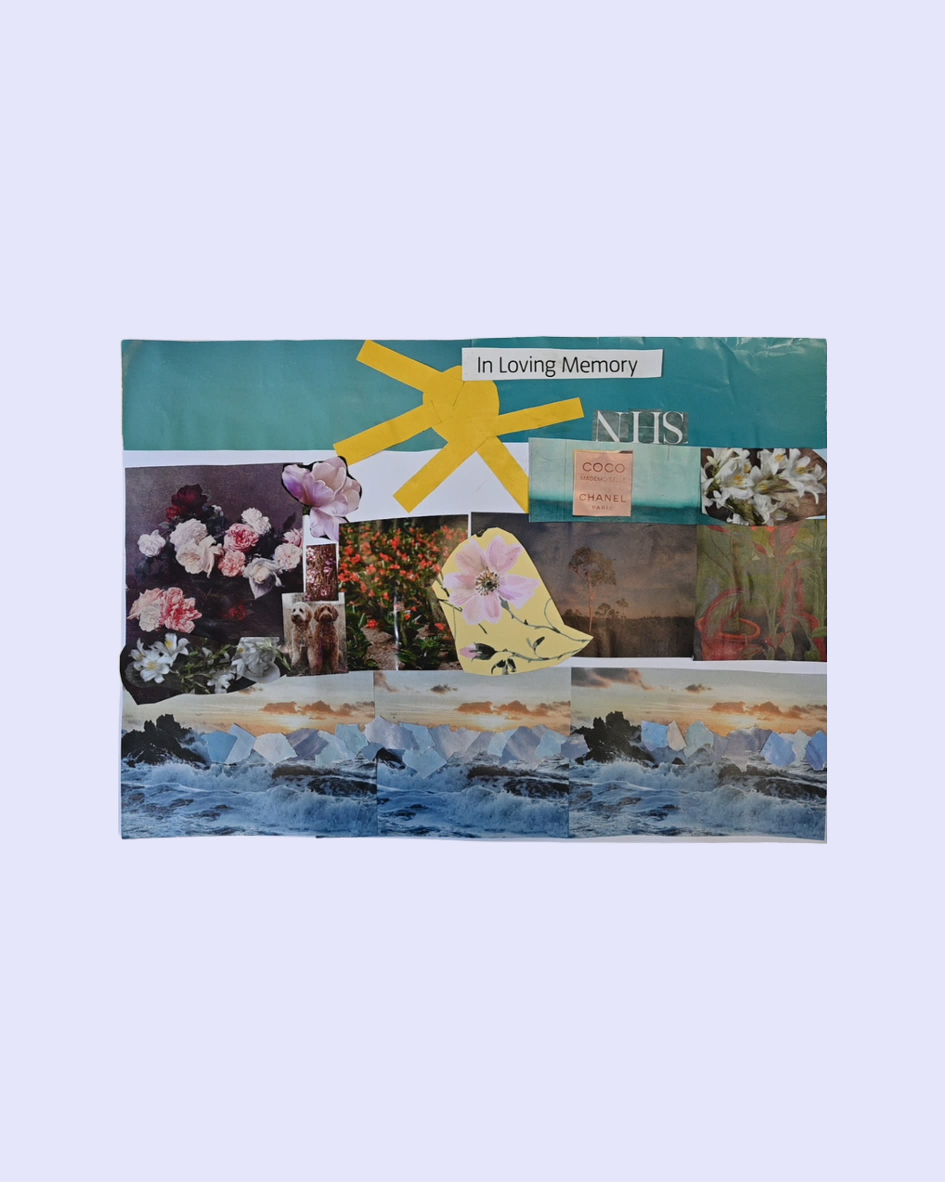 A collage including flowers, water, sun, dogs, and a Coco Chanel perfume bottle. The words read In Loving Memory and NHS.