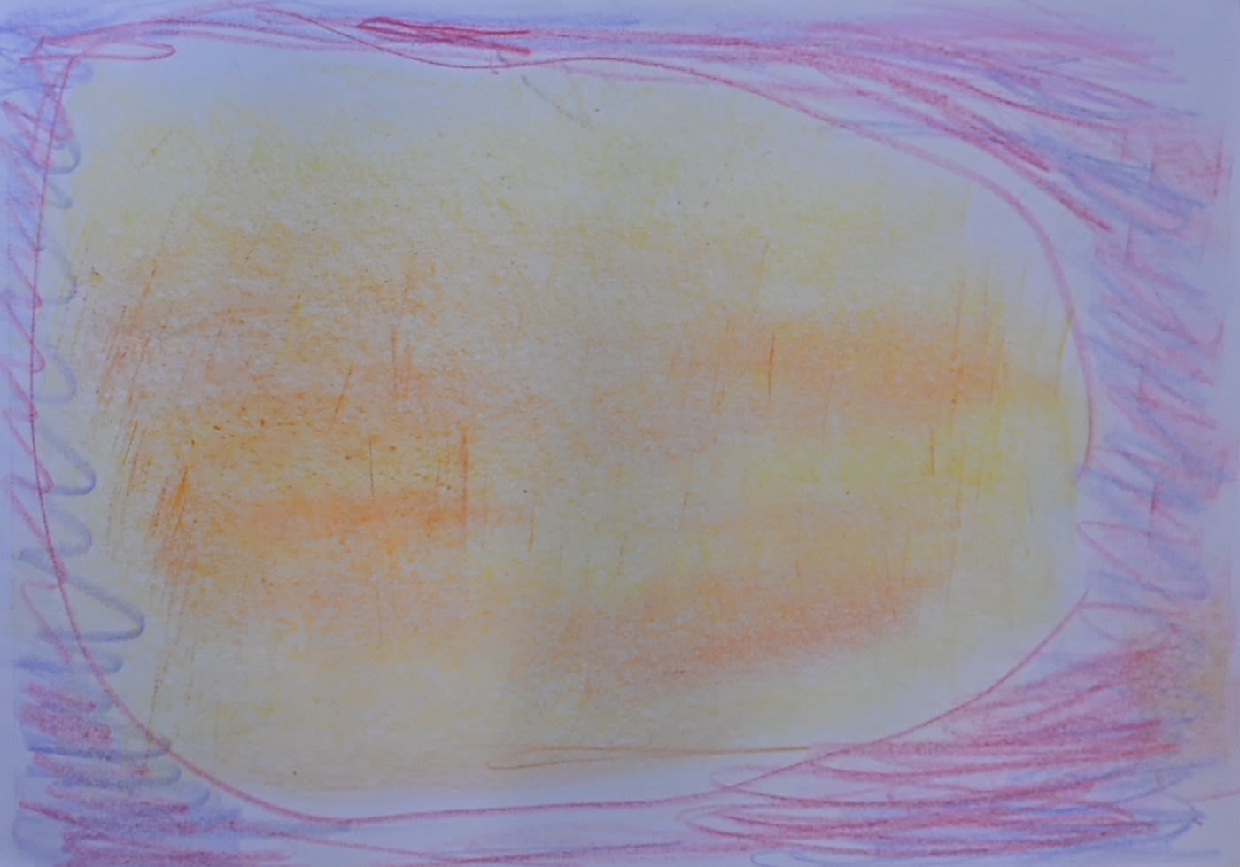 A drawing of a yellow and orange circle, surrounded by blue and red scribbles.