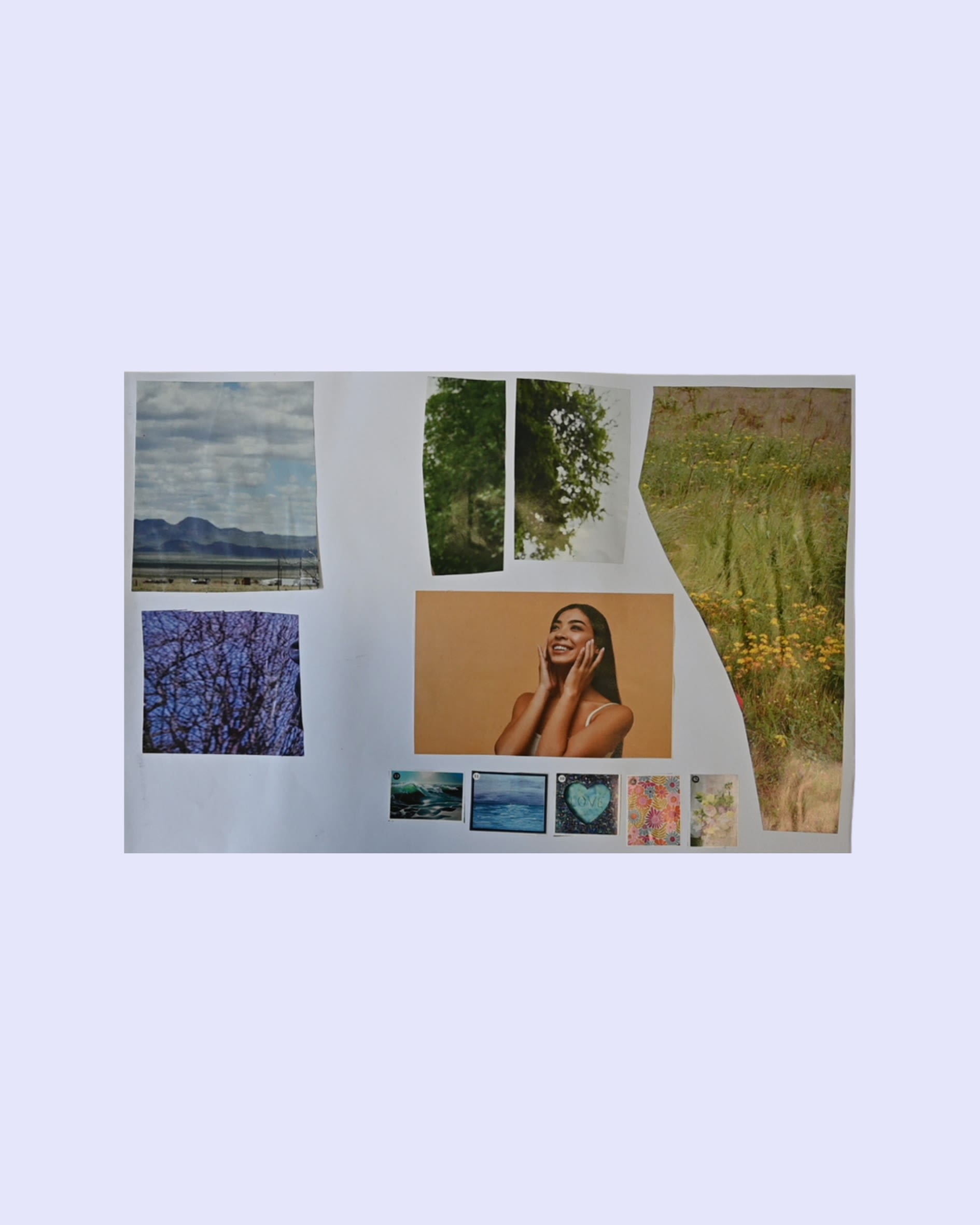 A collage including a woman smiling surrounded by photos of flowers, mountains, trees, and the ocean.