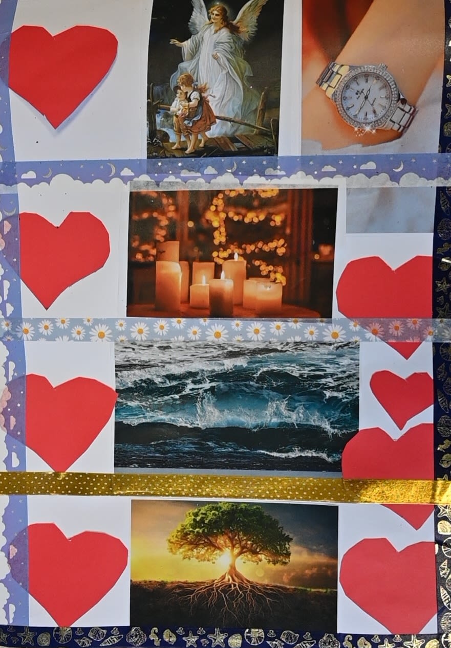 A collage including hearts, an angel, candles, the ocean, and a tree with visible roots.
