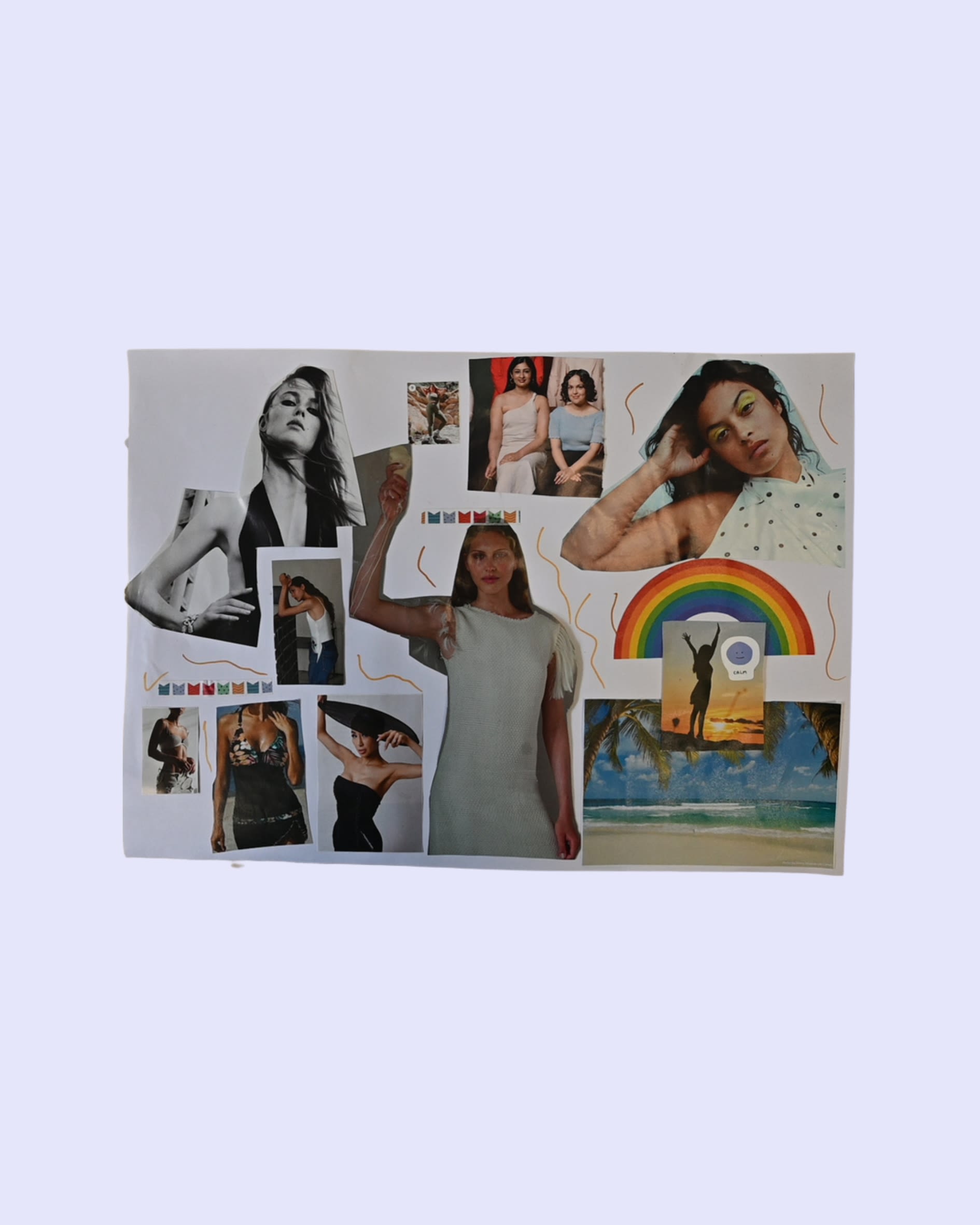 A collage with multiple images of women with their arms exposed and a rainbow and the beach.