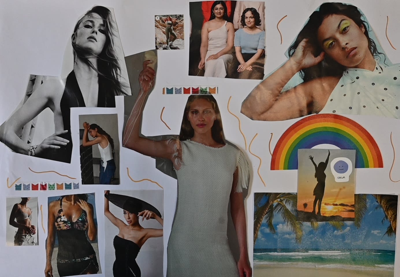 A collage with multiple images of women with their arms exposed and a rainbow and the beach.