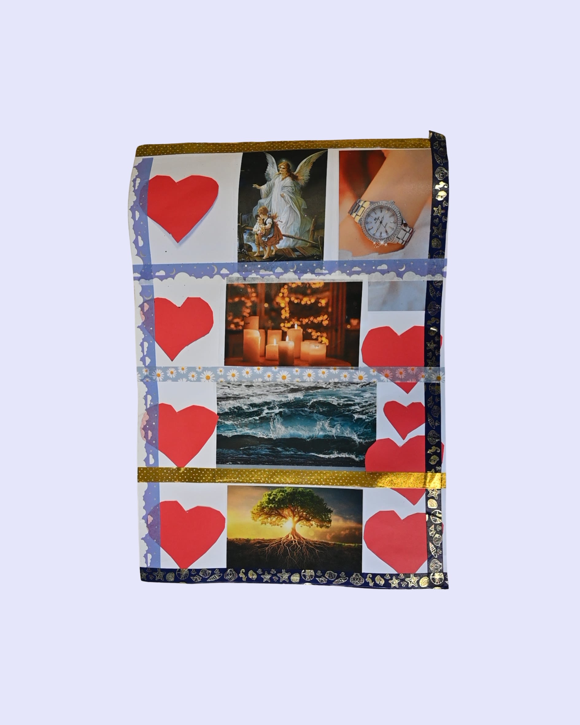 A collage including hearts, an angel, a watch, candles, the ocean, and a tree with visible roots.