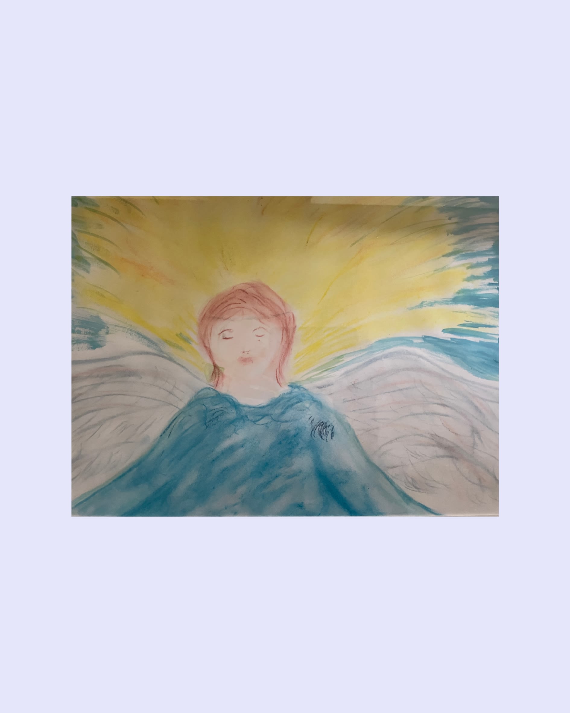 A drawing of an angel with wings and warm light in the background.