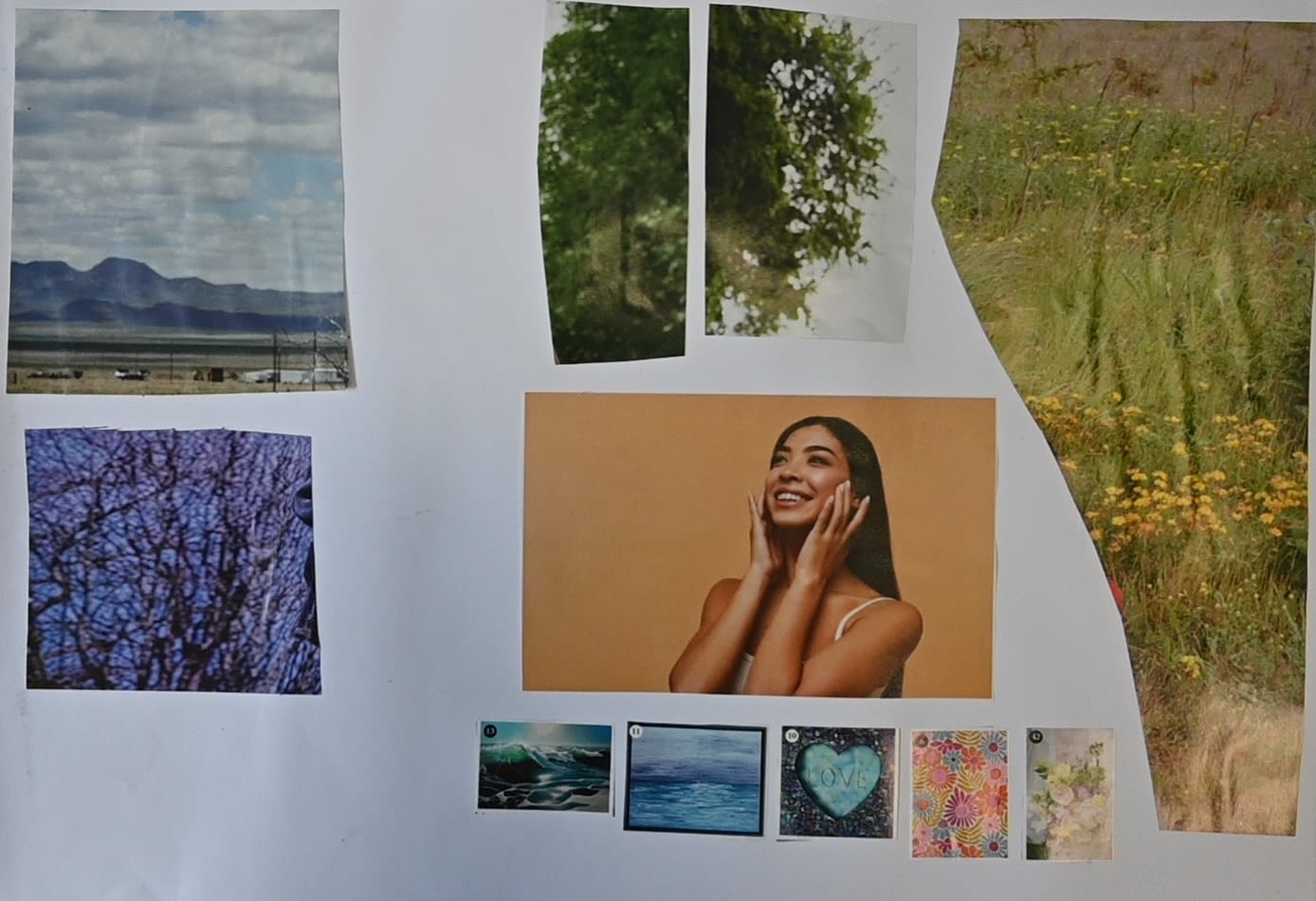 A collage including a woman smiling surrounded by photos of flowers, mountains, trees, and the ocean.