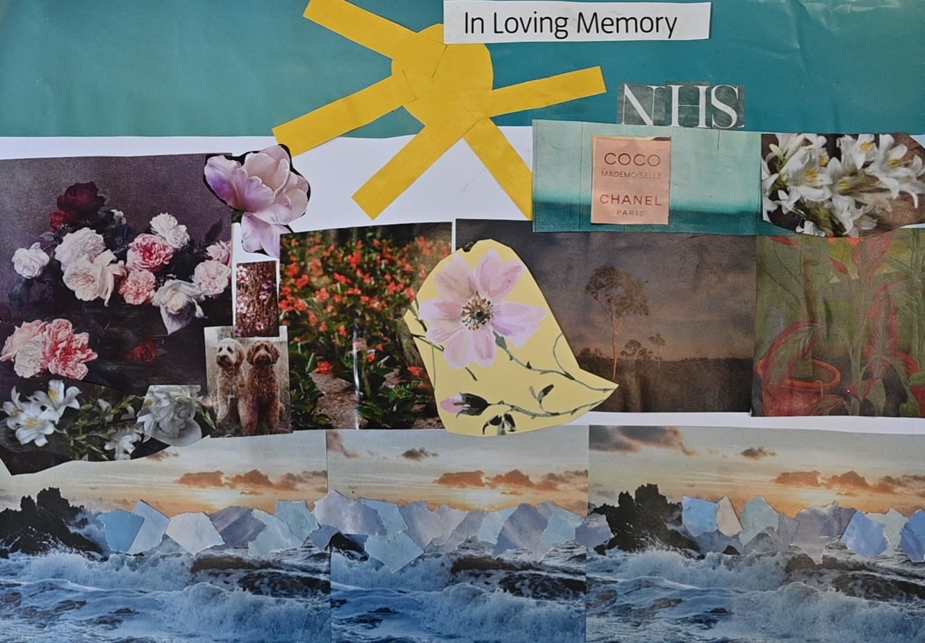 A collage including flowers, water, sun, dogs, and a Coco Chanel perfume bottle. The words read In Loving Memory and NHS.