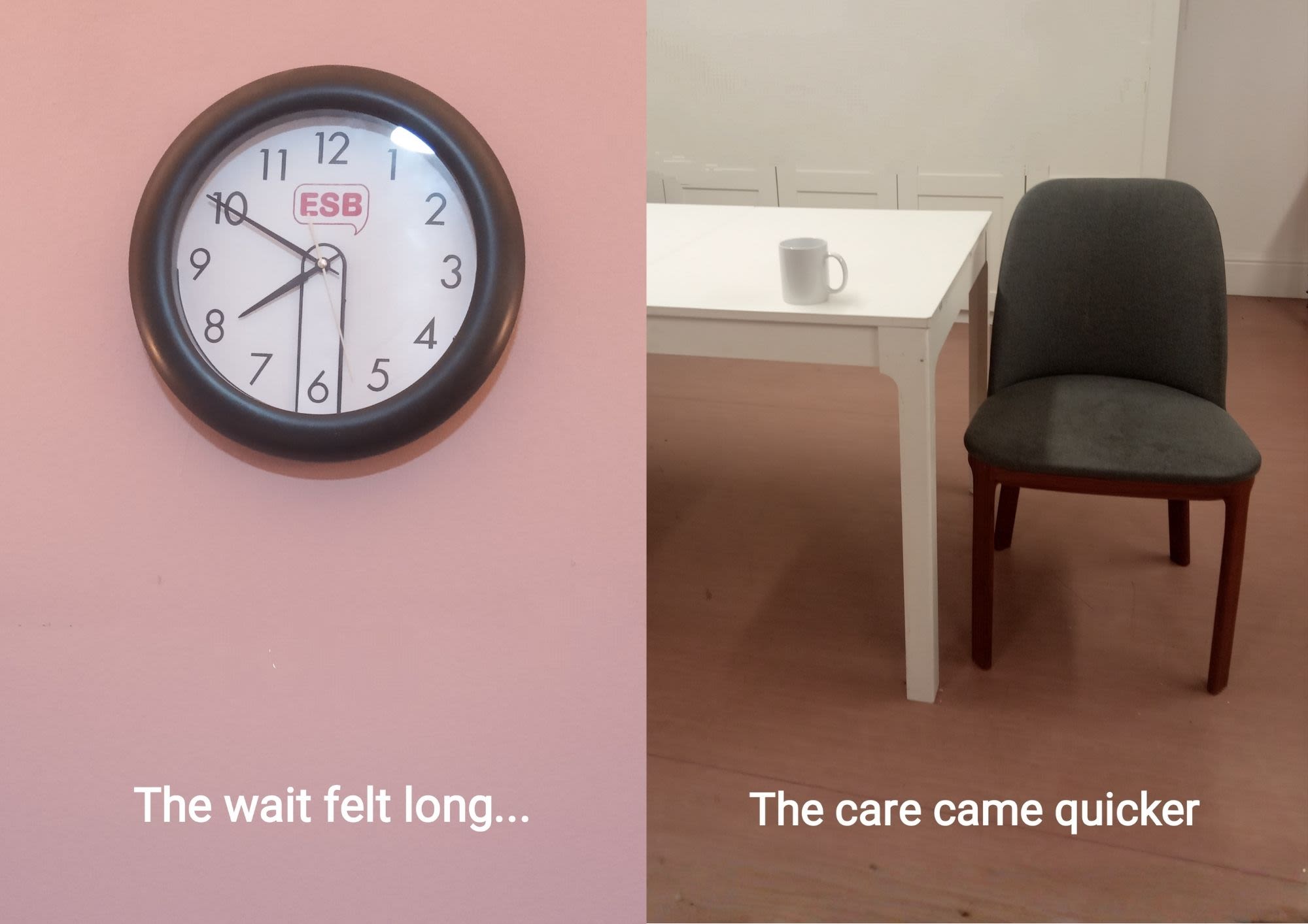 A clock on a pink wall on the left. A table with a mug on it and a chair beside it on the right.
