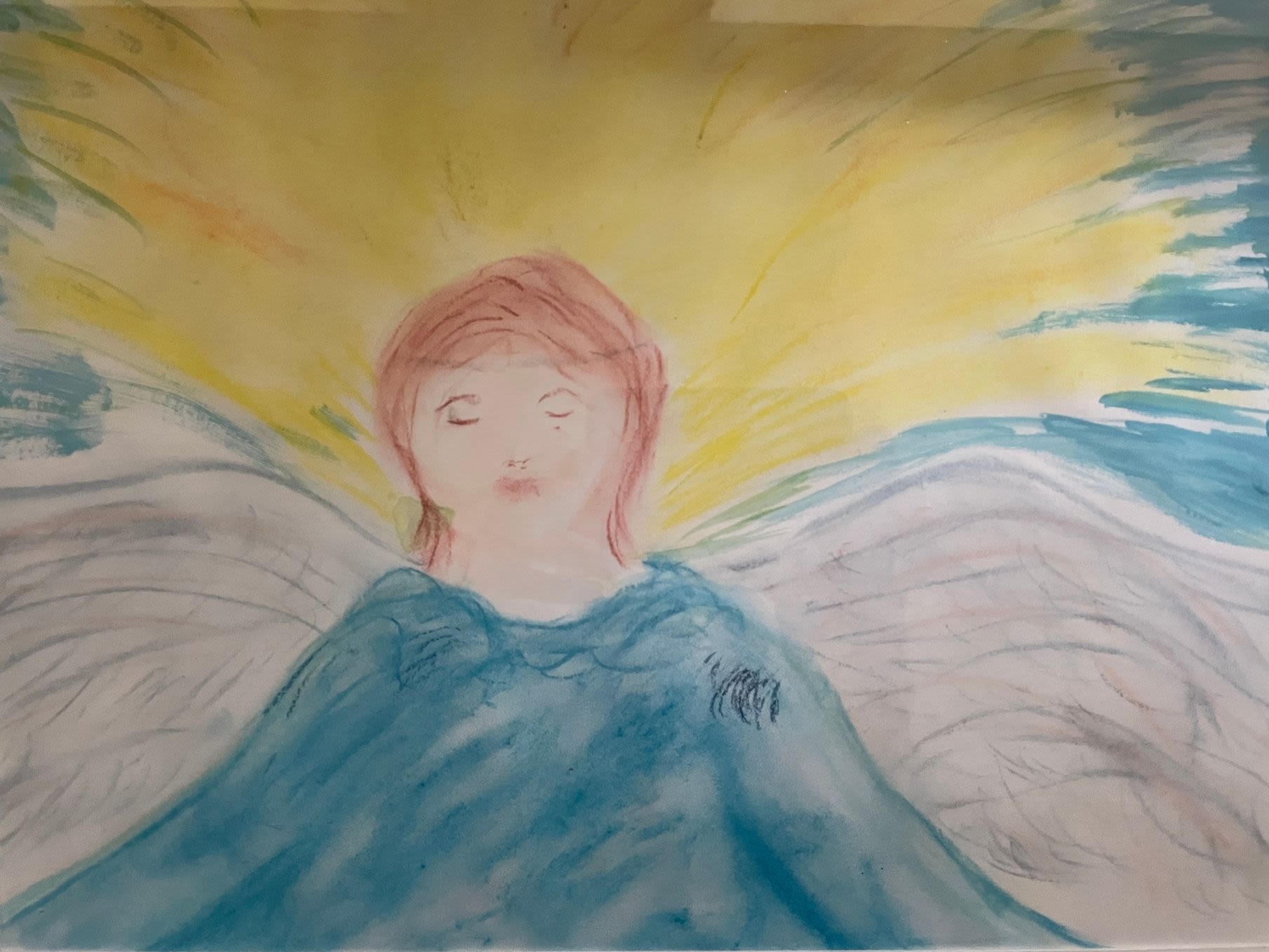 A drawing of an angel with wings and warm light in the background.